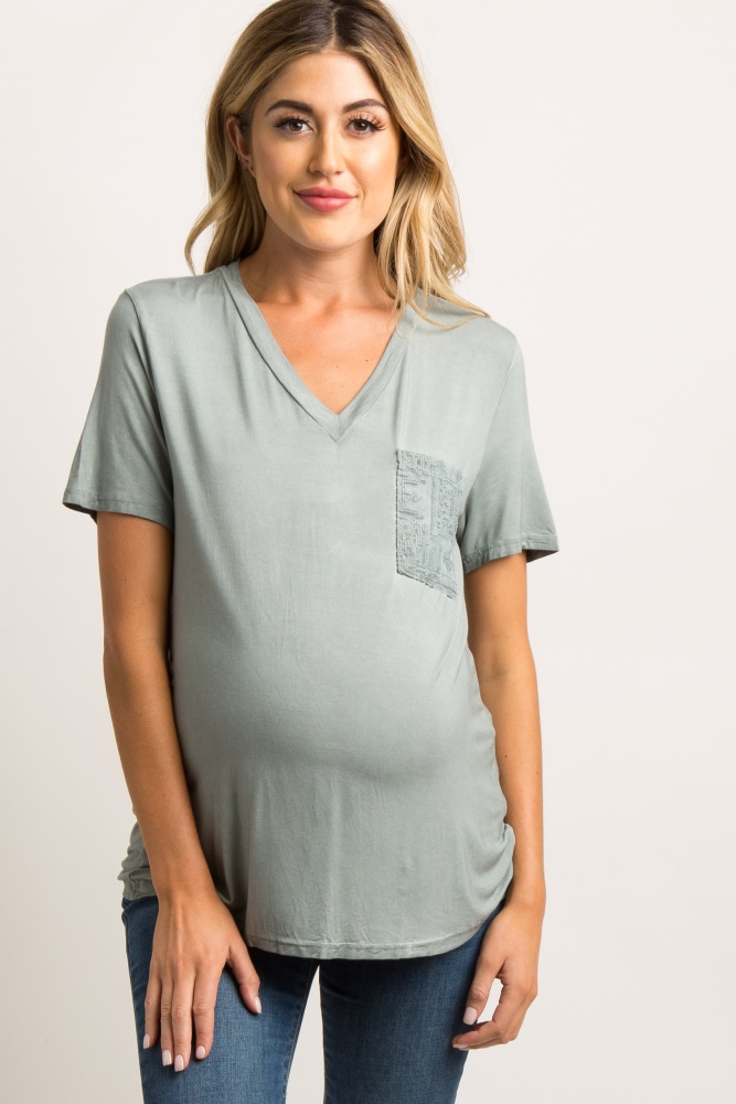 Mint Green Embroidered Mesh Pocket Maternity Top