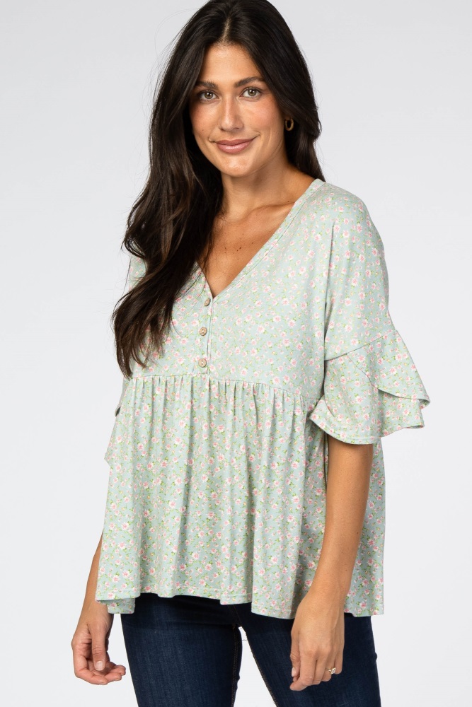 Mint Green Floral Button Front Top