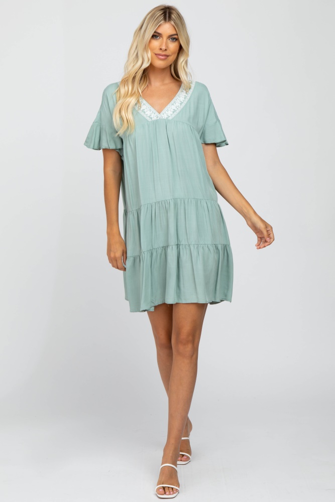 Mint Green Embroidered Ruffle Sleeve Pleated Tier Dress