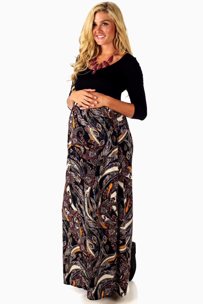 maxi dress with black top and printed bottom
