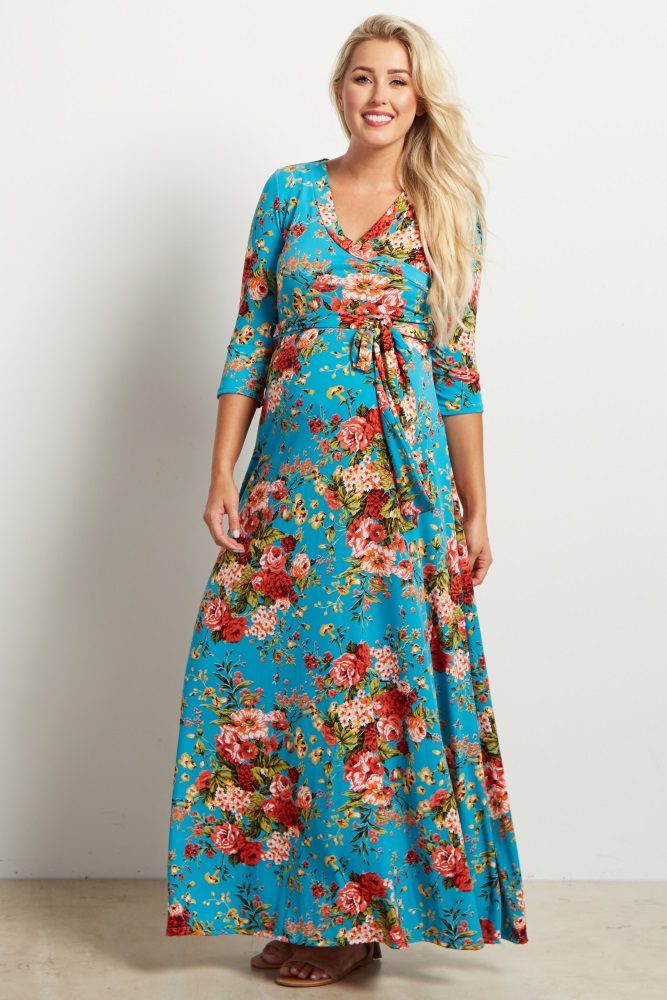 pink and blue maxi maternity dress
