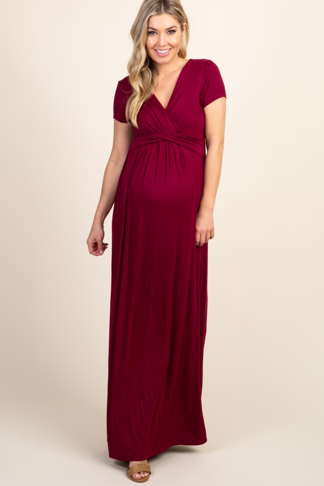 PinkBlush Burgundy Lace Overlay Maternity Wrap Dress
