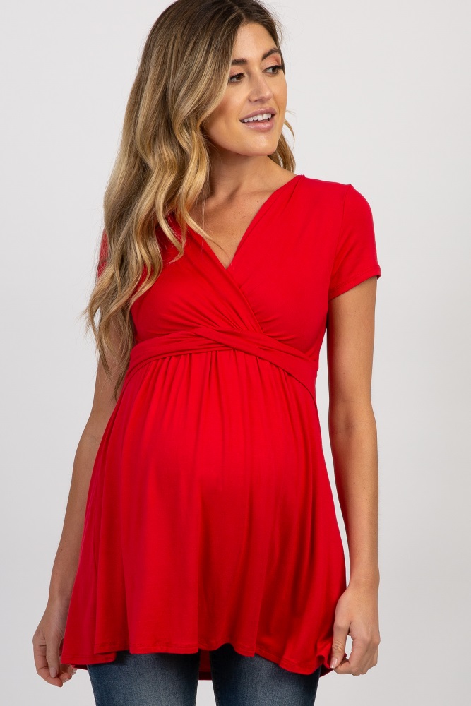 Red Waffle Knit Basic Long Sleeve Maternity Top– PinkBlush