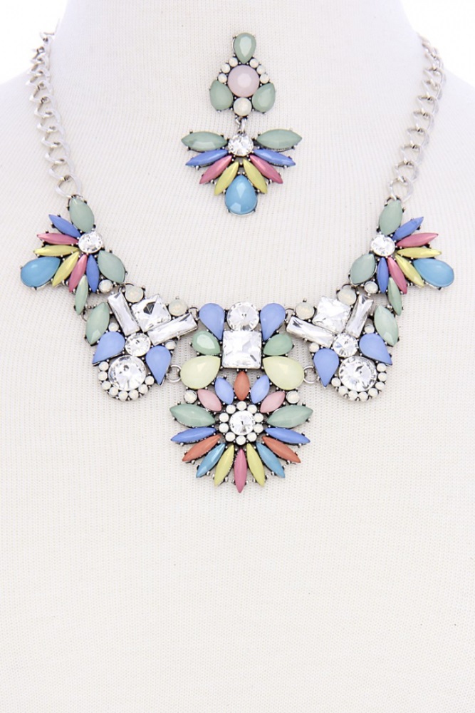 Silver Chain Turquoise Floral Design Statement Necklace With Earrings
