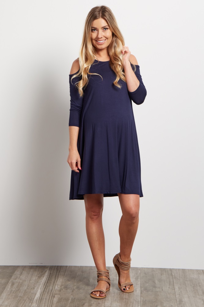 Navy Cold Shoulder Maternity Dress