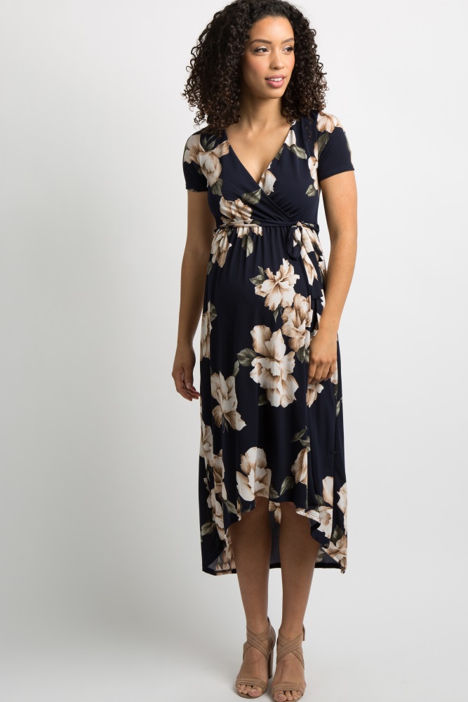 pinkblush navy blue floral hi-low maternity wrap dress