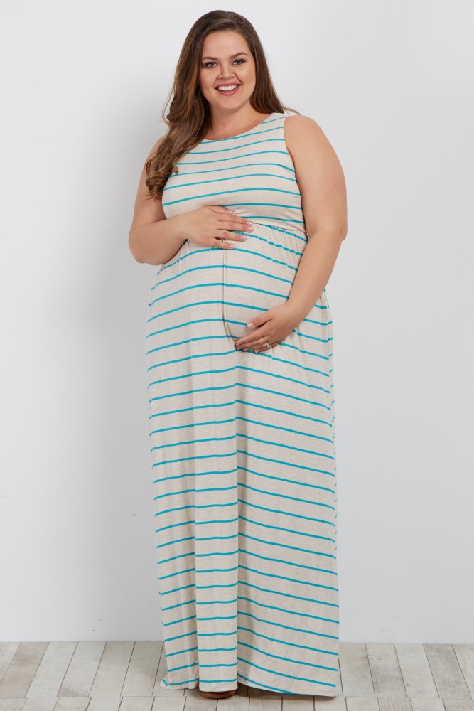 Striped sleeveless plus maxi dress. Rounded neckline. Top double lined to prevent sheerness.