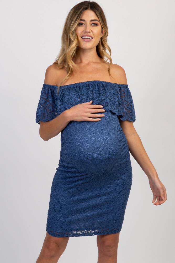 white lace off the shoulder maternity dress