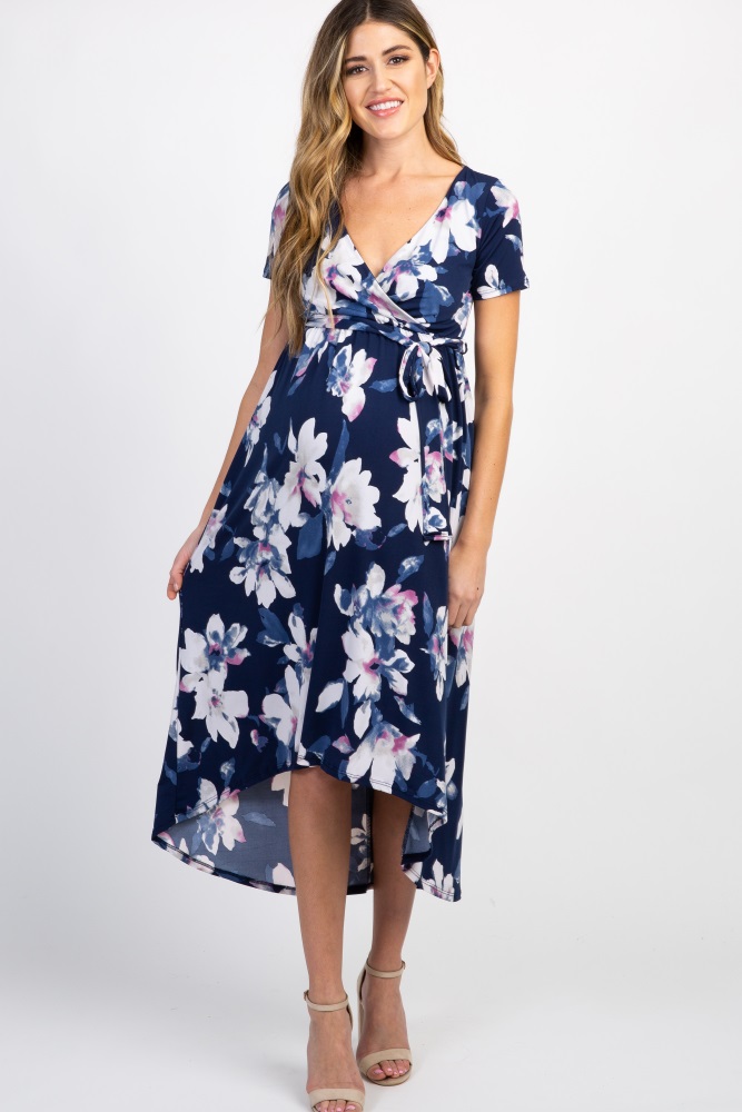 navy floral print wrap dress