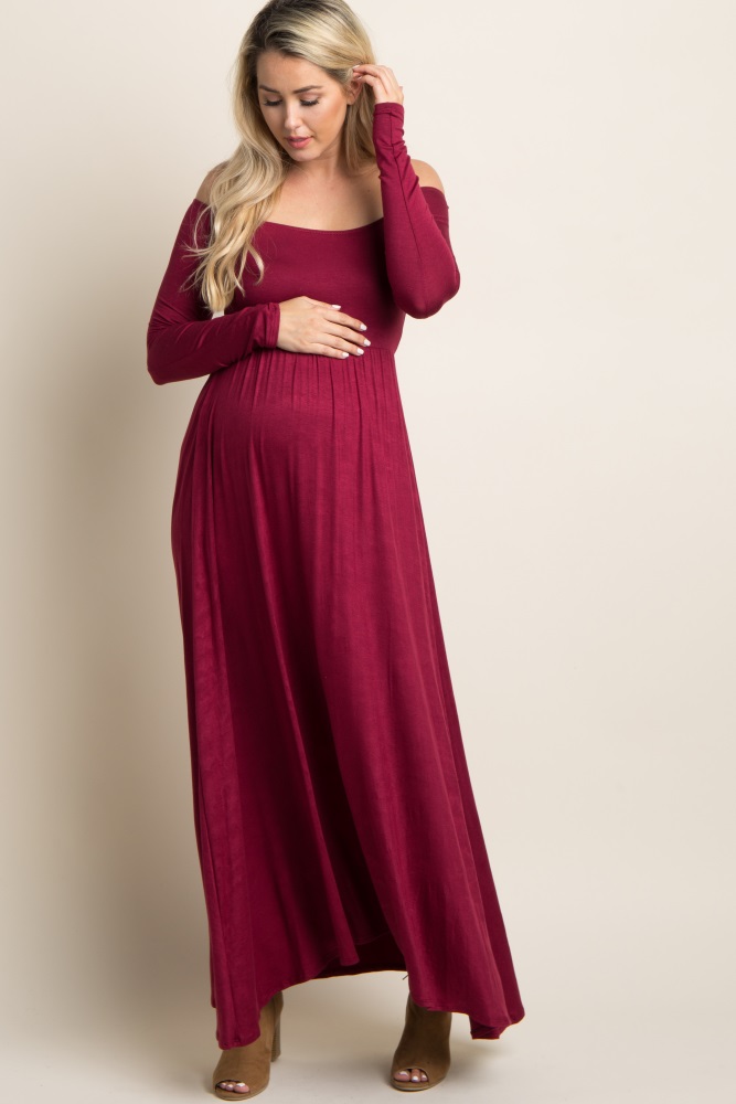 pinkblush petite dark burgundy solid off shoulder maternity maxi dress