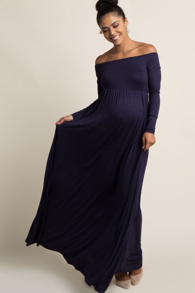 navy off the shoulder maxi dress