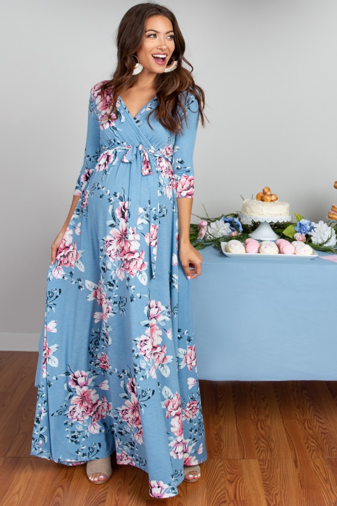 blue floral maternity maxi dress
