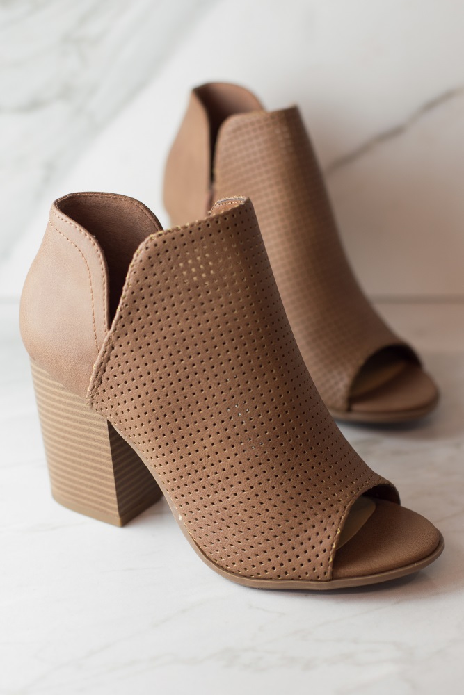 tan leather peep toe booties