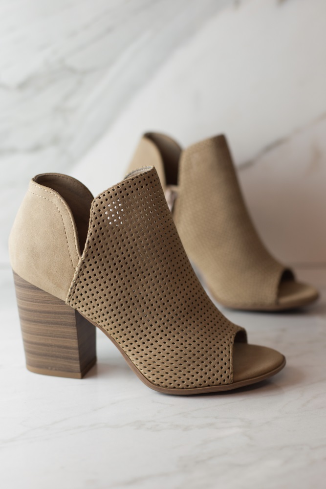 taupe open toe booties
