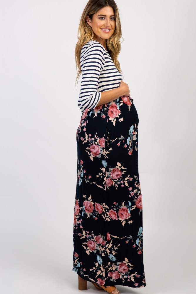 striped top floral bottom maxi dress