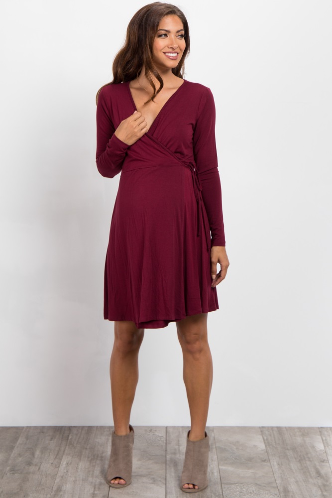 burgundy long sleeve wrap dress