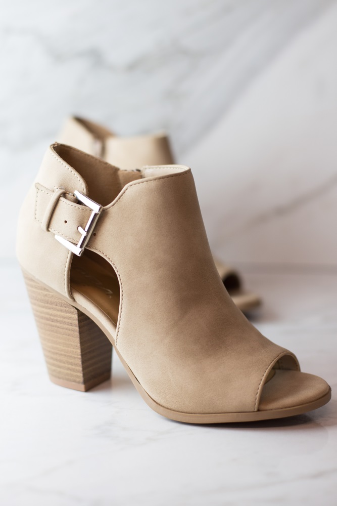 taupe open toe booties