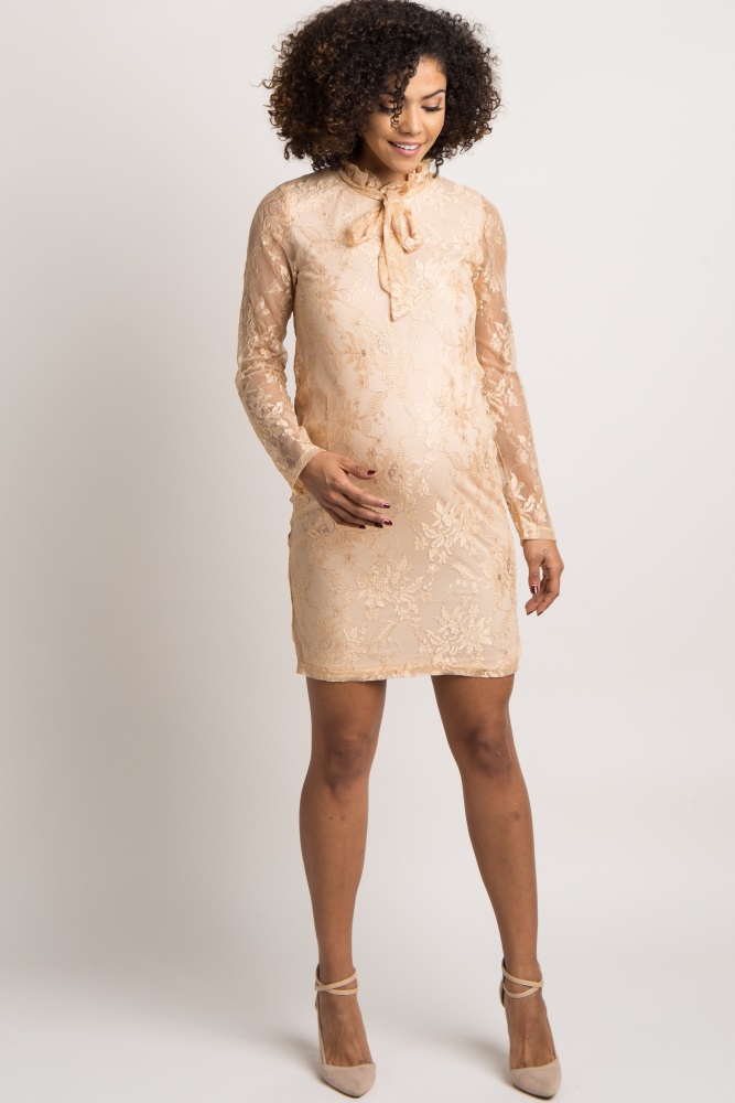 Beige Gold Lace Mesh Overlay High Neck Maternity Dress