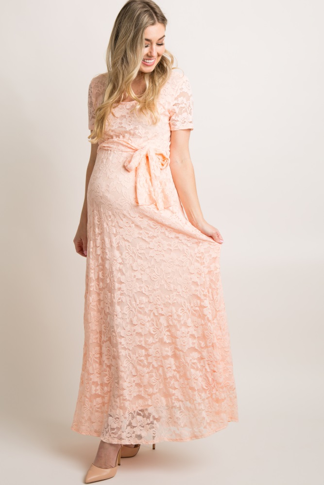 peach colored lace dress