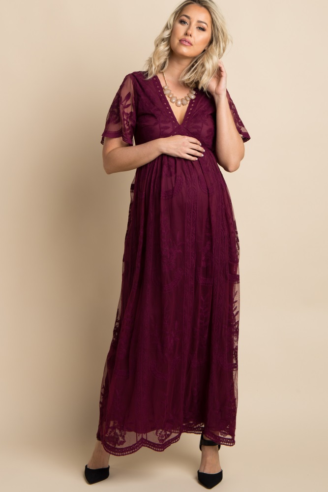 Navy Blue Textured Dot Front Tie Ruffle Sleeve Maternity Midi Dress