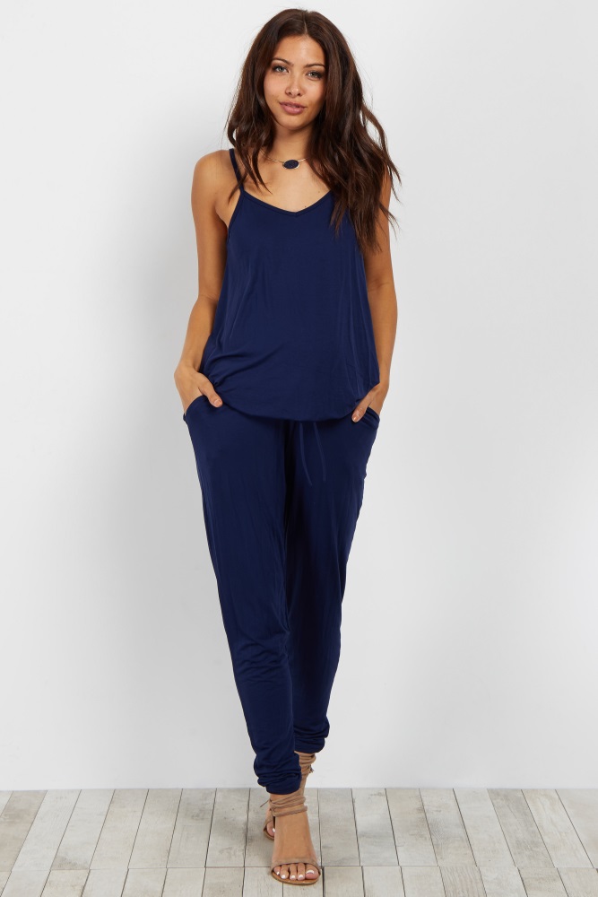 navy blue maternity jumpsuit