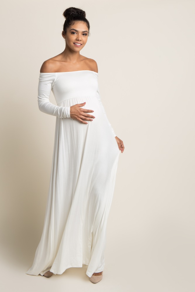 pinkblush petite ivory solid off shoulder maternity maxi dress