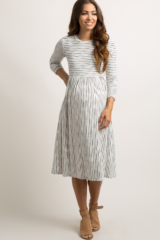 ivory ribbed striped maternity midi dress