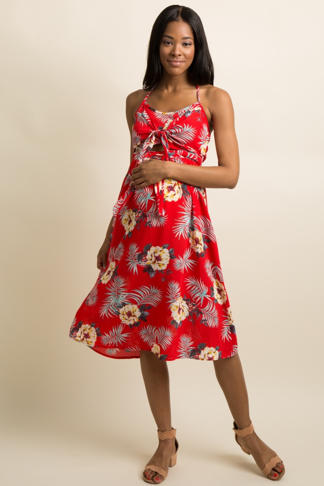 red tropical print dress