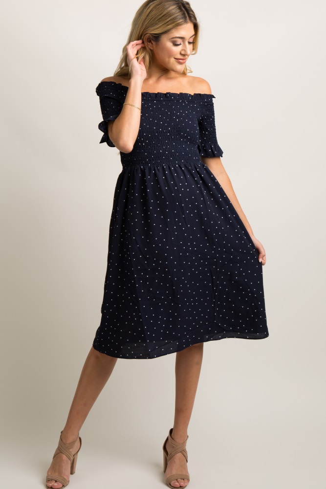 navy polka dot smocked maternity dress