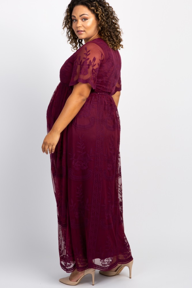 burgundy lace mesh overlay maxi dress