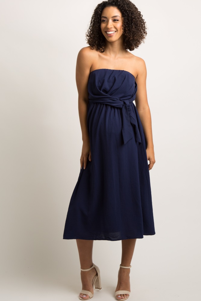 navy strapless midi dress