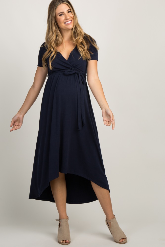 pinkblush navy blue solid hi-low maternity wrap dress