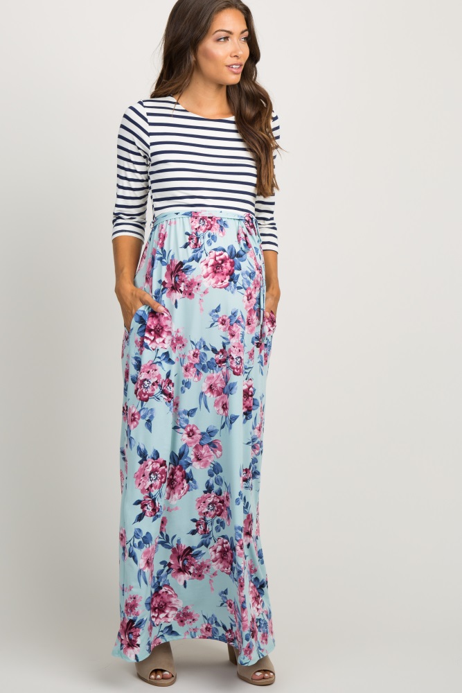 striped top floral bottom maxi dress