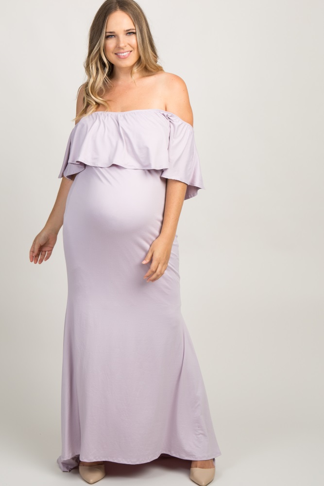 Light Pink Ruffle Off Shoulder Mermaid Maternity Photoshoot Gown Dress
