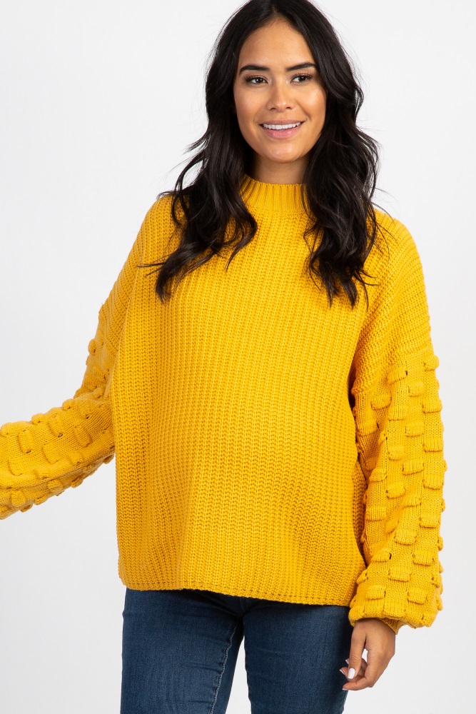 Mustard Textured Puff Sleeve Knit Maternity Sweater