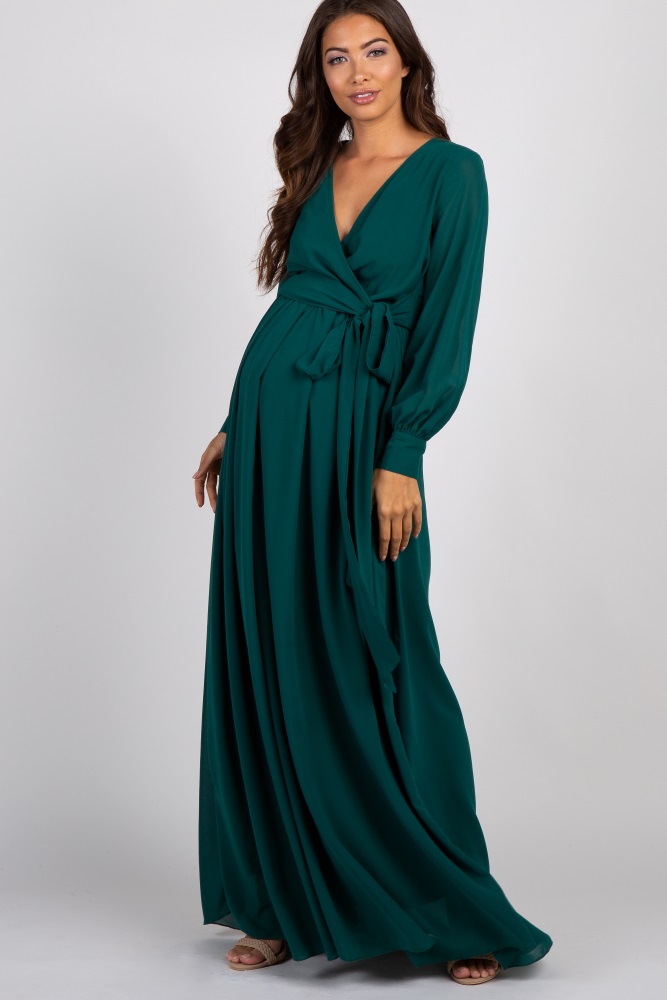 long sleeve green chiffon dress