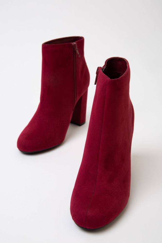 red faux suede boots