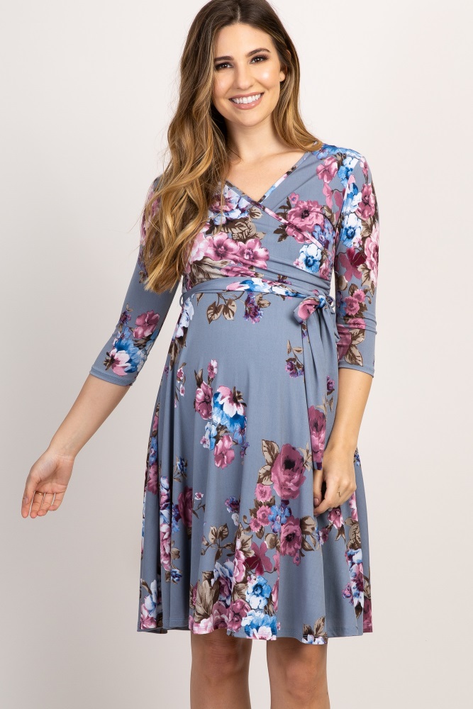 grey floral wrap dress