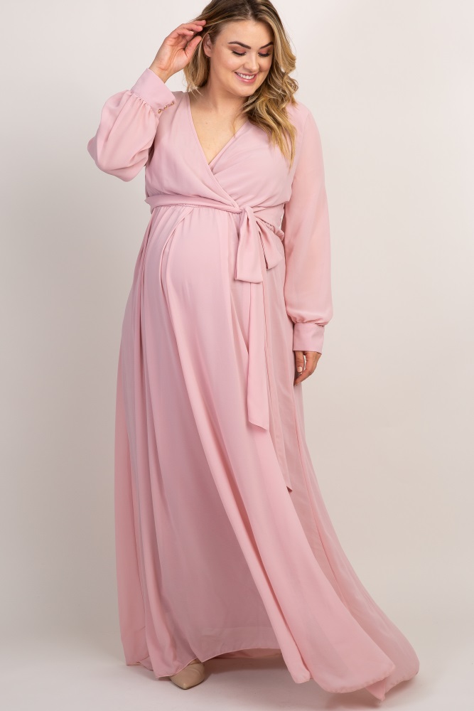 Light Pink Chiffon Long Sleeve Pleated Plus Maternity Maxi Dress