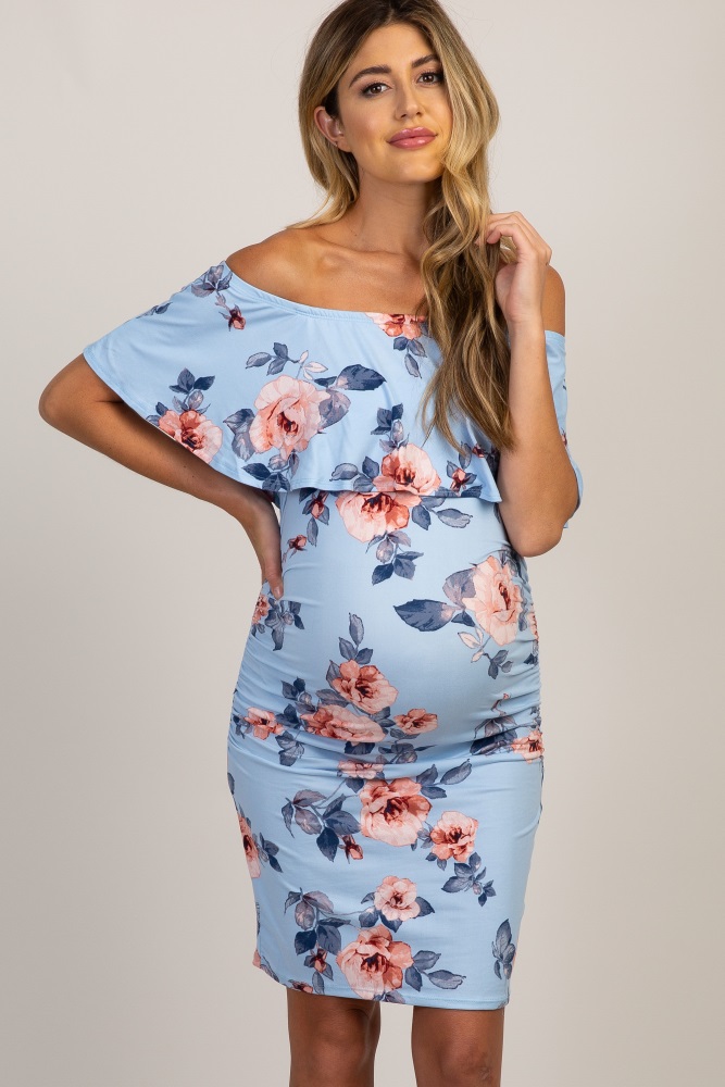 light blue rose print ruffle fitted maternity dress