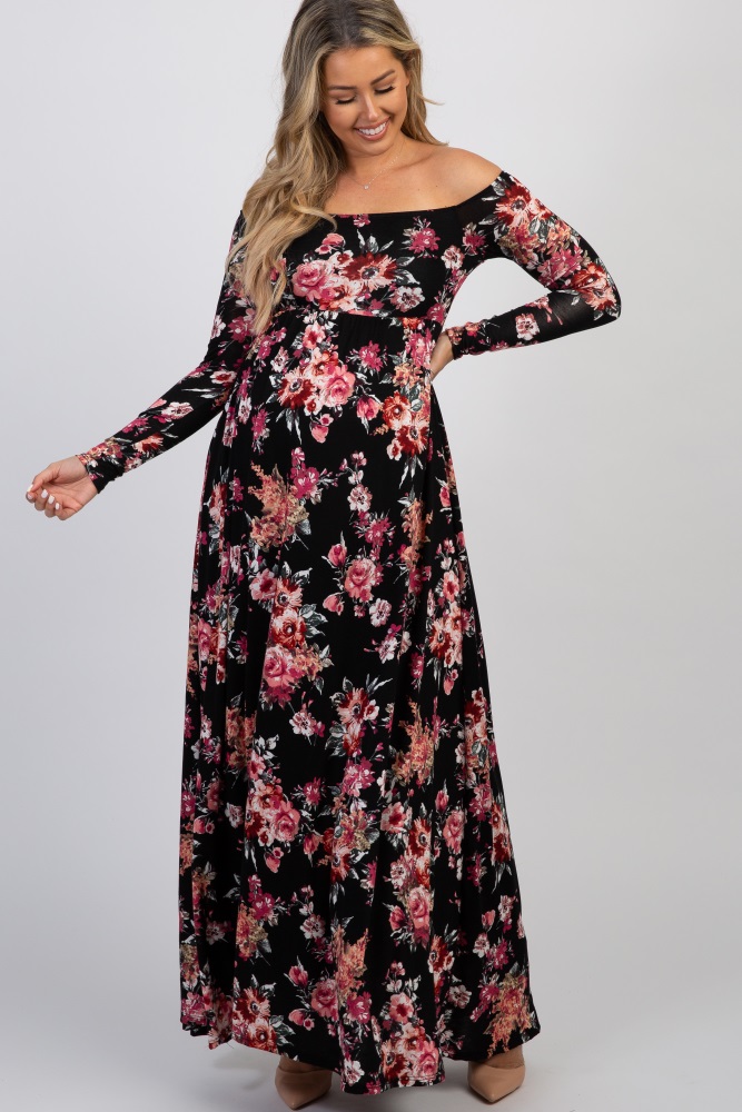 black floral off the shoulder maxi dress