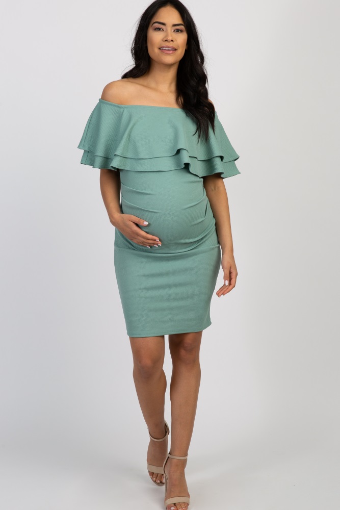 PinkBlush Forest Green Off Shoulder Chiffon Maxi Maternity Dress