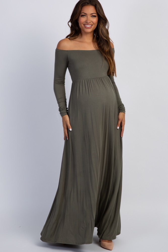 pinkblush petite olive solid off shoulder maternity maxi dress