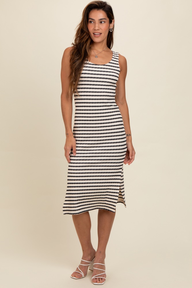 navy blue striped side slit midi dress