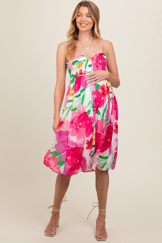 pink floral smocked chiffon maternity midi dress