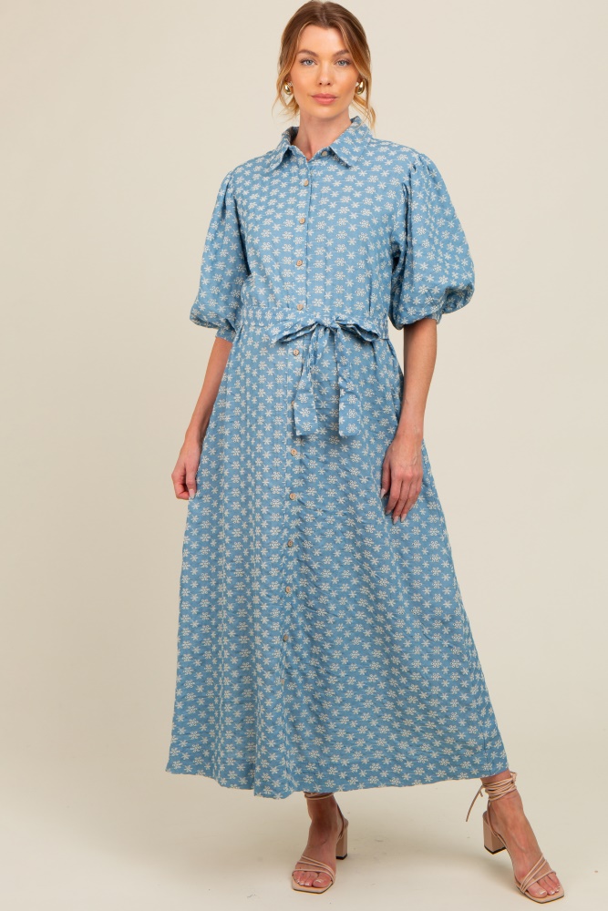 blue floral embroidered button down chambray maternity maxi dress