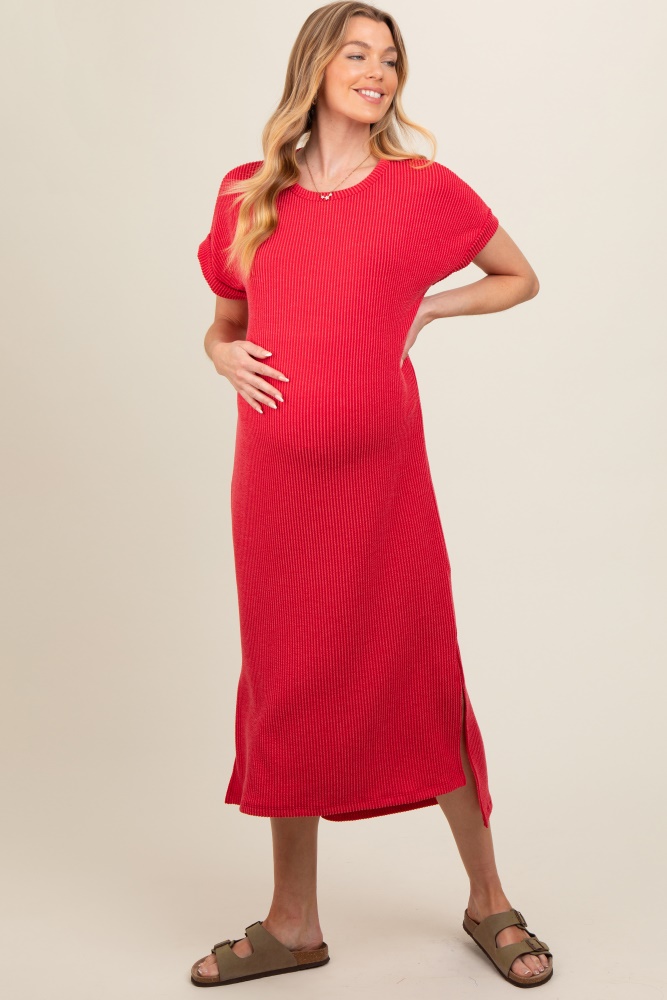 red ribbed short sleeve maternity midi dress