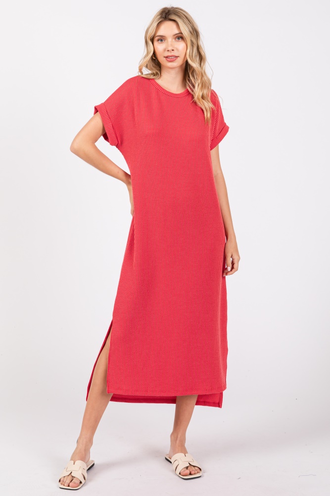 red ribbed short sleeve midi dress