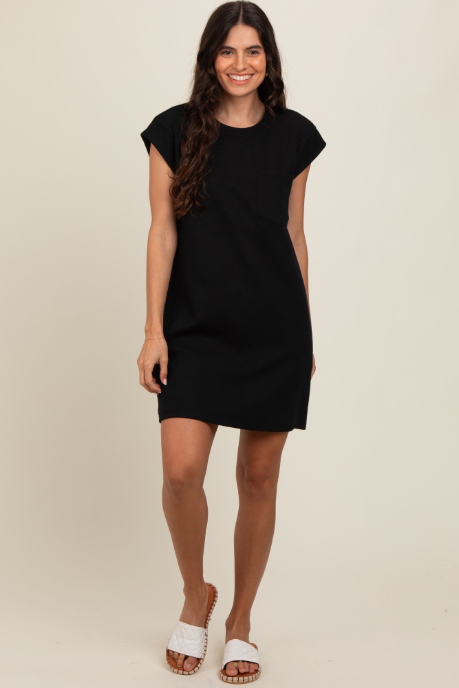 black front pocket line textured short sleeve dress