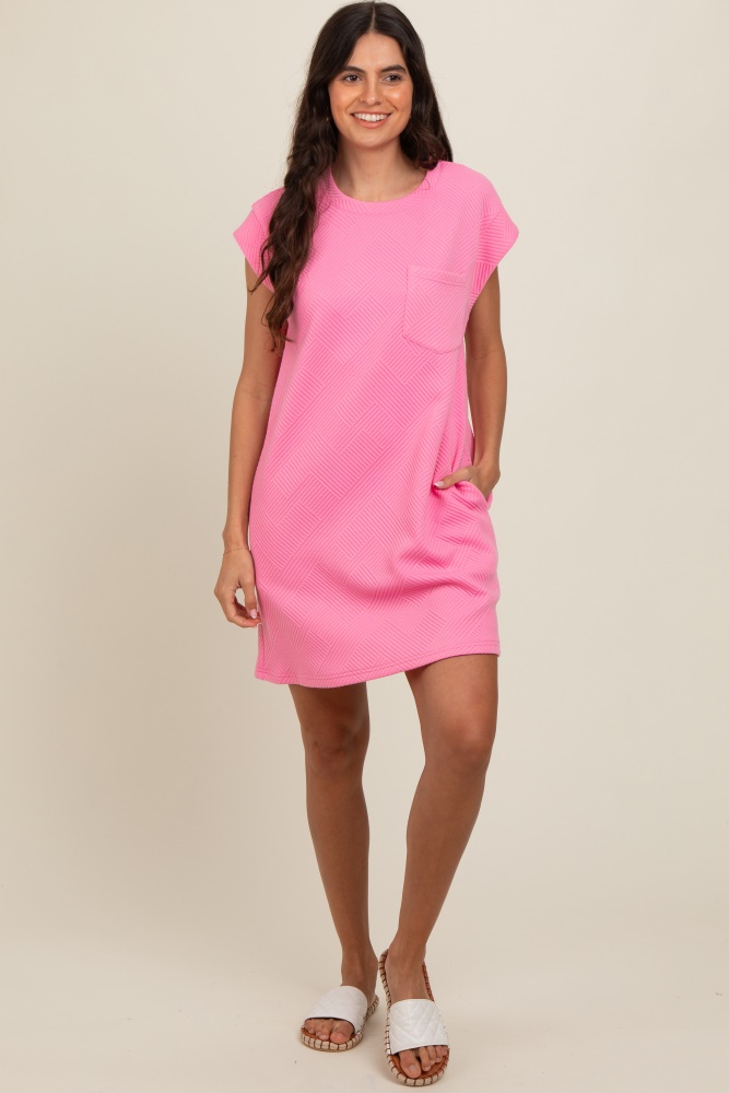 pink front pocket line textured short sleeve dress